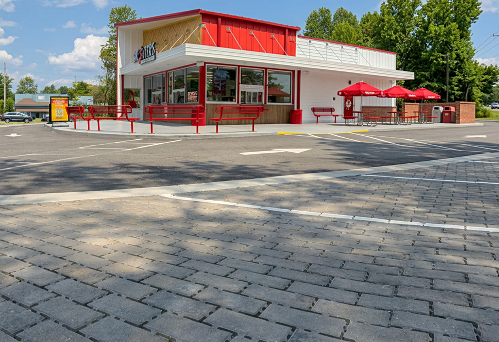 Belgard Aqualine permeable pavers in Ardennes outside Bruster’s Ice Cream in High Point, North Carolina.